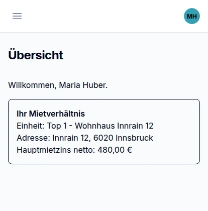 Das Mieter:innen-Portal von Domavi auf einem Handy: Begrüßung mit Namen und darunter eine Karte zum Mietverhältnis mit Einheit, Adresse und Hauptmietzins.